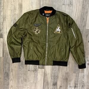 Brooklyn Standard Mens Olive Green Bomber Flight Jacket Patches Size XL Full Zip
